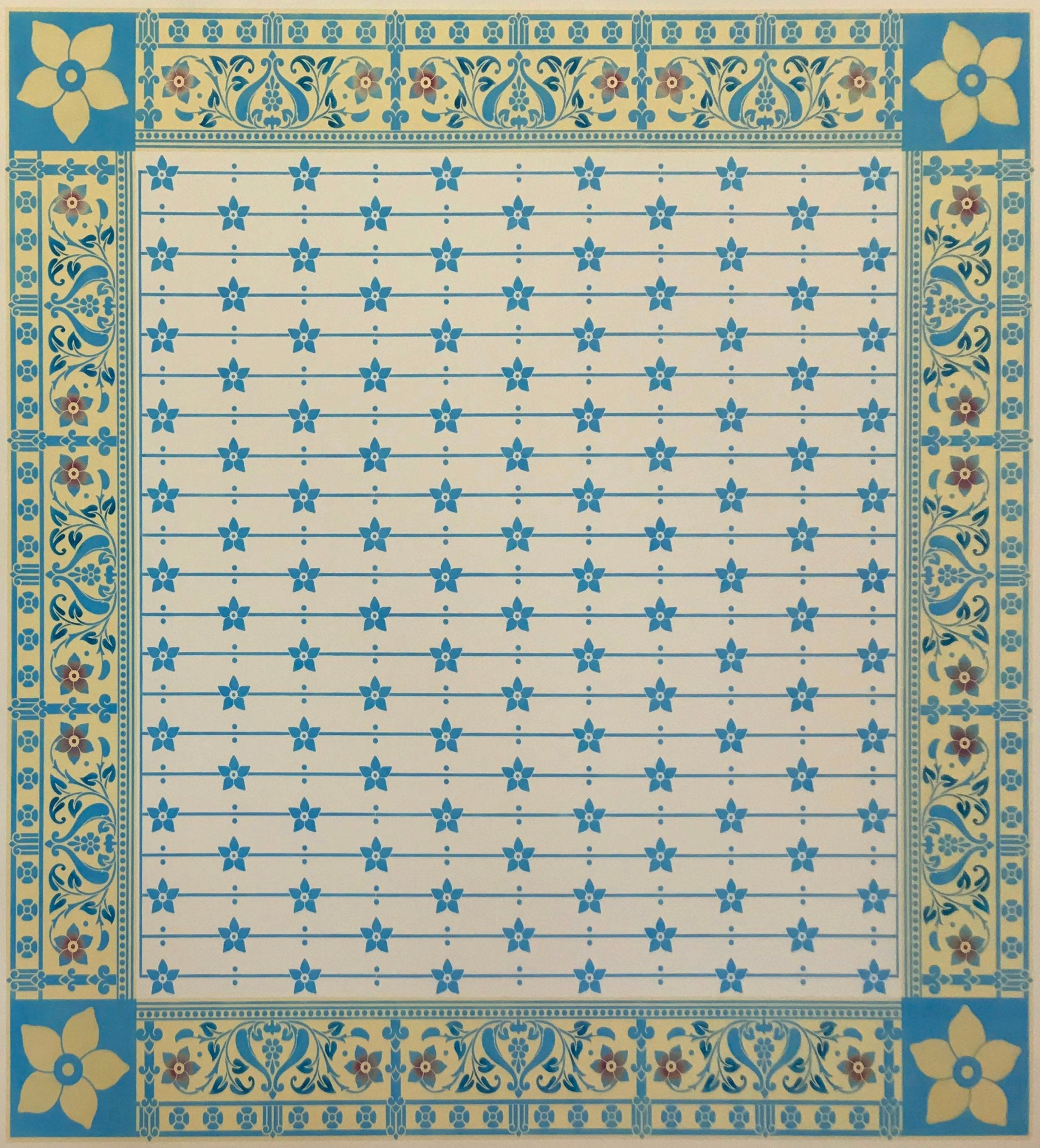 The full image of this square floorcloth based on a Christopher Dresser pattern from his book "Studies in Design", c. 1875.