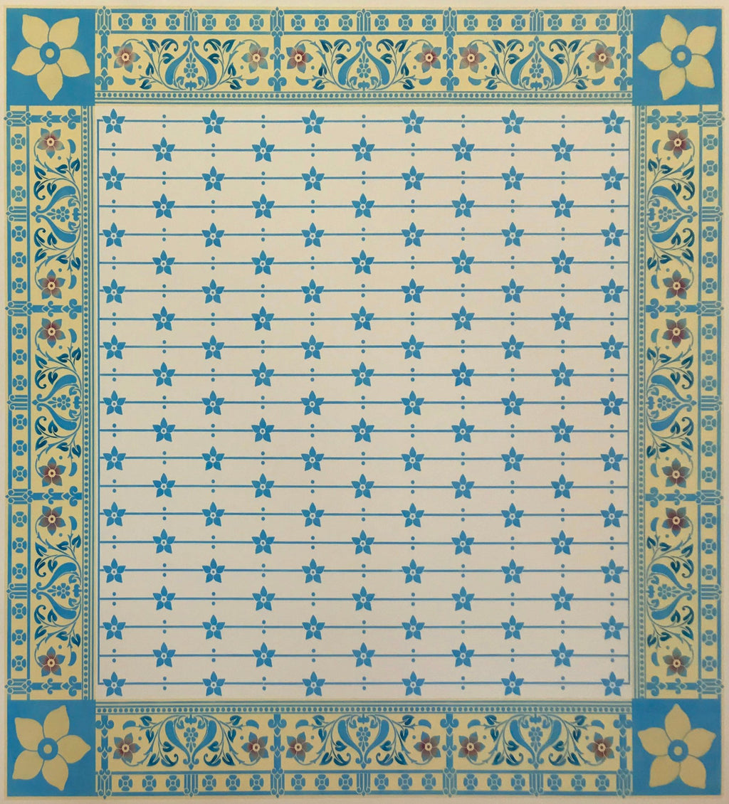 The full image of this square floorcloth based on a Christopher Dresser pattern from his book "Studies in Design", c. 1875.