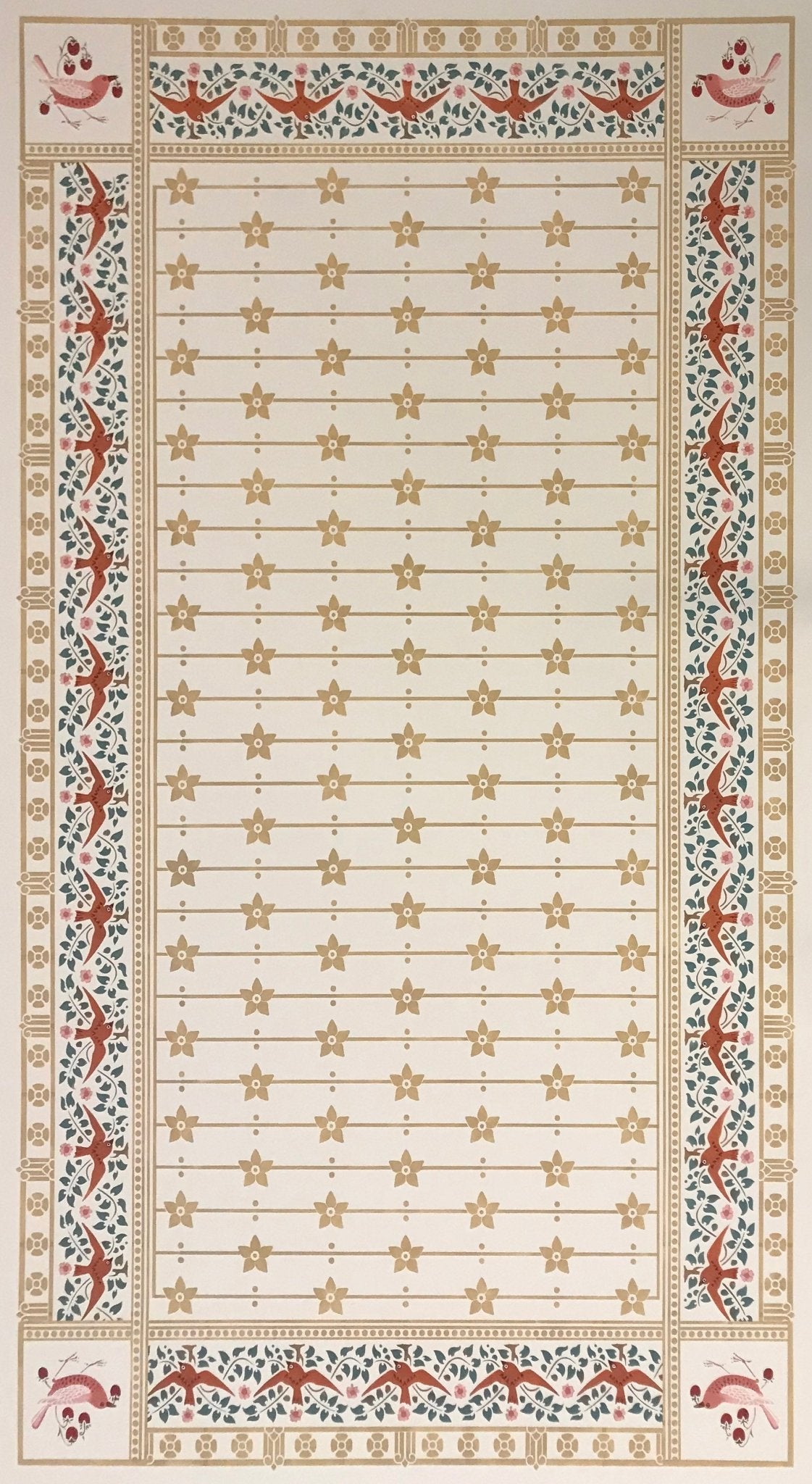 The full image of the StarFlower #6 Floorcloth which combines the work of Christopher Dresser and William Morris, both iconic design contemporaries of the late 1800s.  