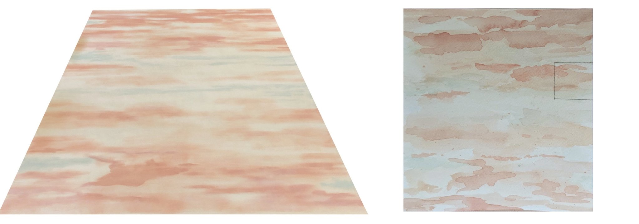 A side-by-side comparison the the 9.5' x  12.5' floorcloth and the 5" x 7" watercolor that inspired it.