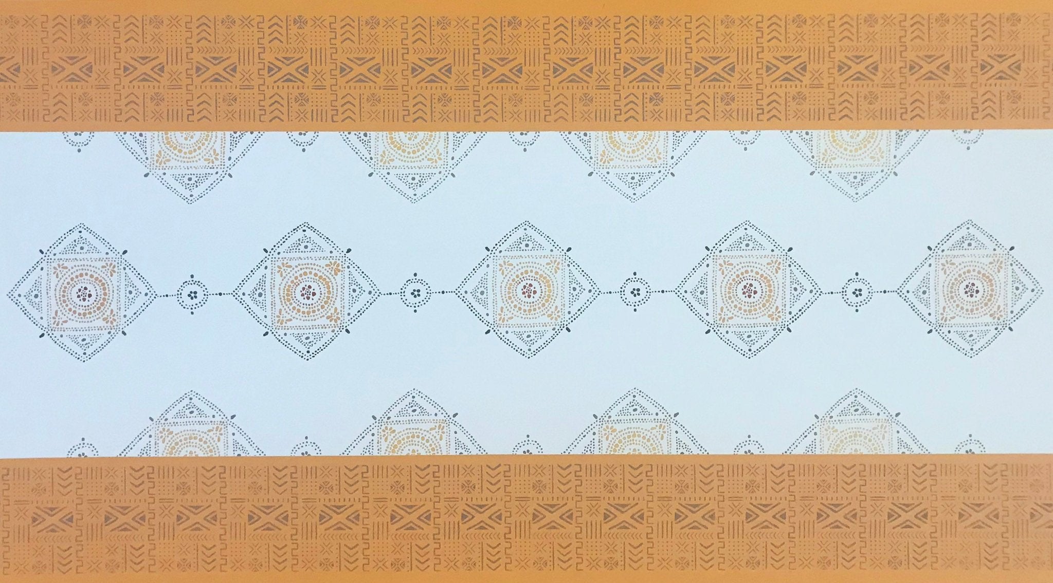 Full image of Mudcloth Floorcloth #1 with a mudcloth pattern on the border and an organic medallion in the center.