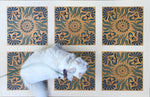 Load image into Gallery viewer, A full image of our Thistle Tile Floorcloth  with Opal providing scale.
