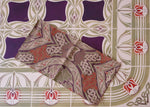 Load image into Gallery viewer, A photo of the floorcloth with the upholstery fabric that inspired the palette and the corner motifs for Wunderlich Floorcloth #5.
