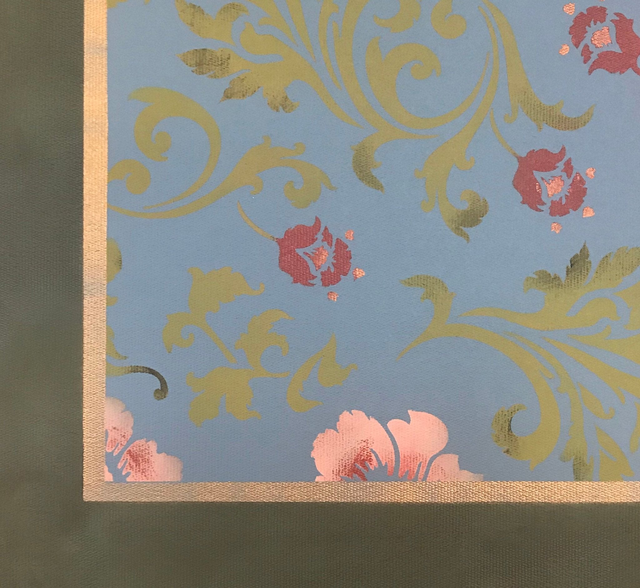 Close up of corner of Wild Roses Floorcloth #4.