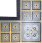 Load image into Gallery viewer, Close up of the inside corner of this shaped floorcloth based on a geometric Dresser design.
